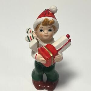 Vintage Christmas Ceramic Boy Holding Gifts -Christmas-Ornament